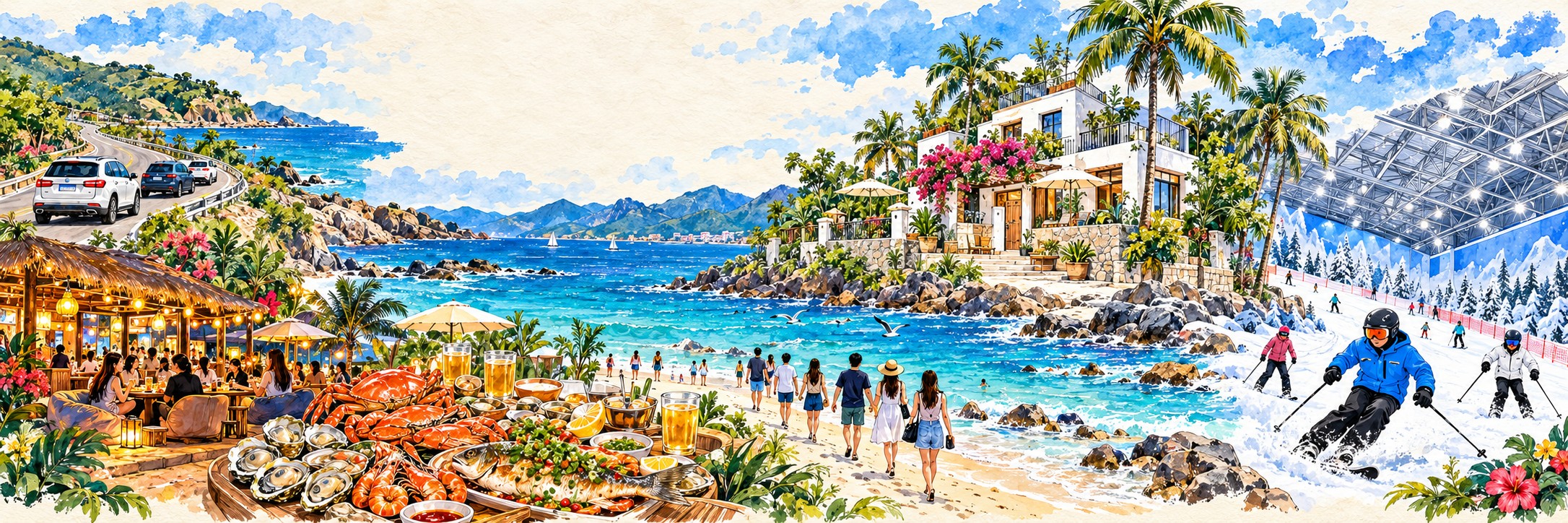 水彩手绘的深圳海岸、海鲜、别墅与滑雪旅行插画