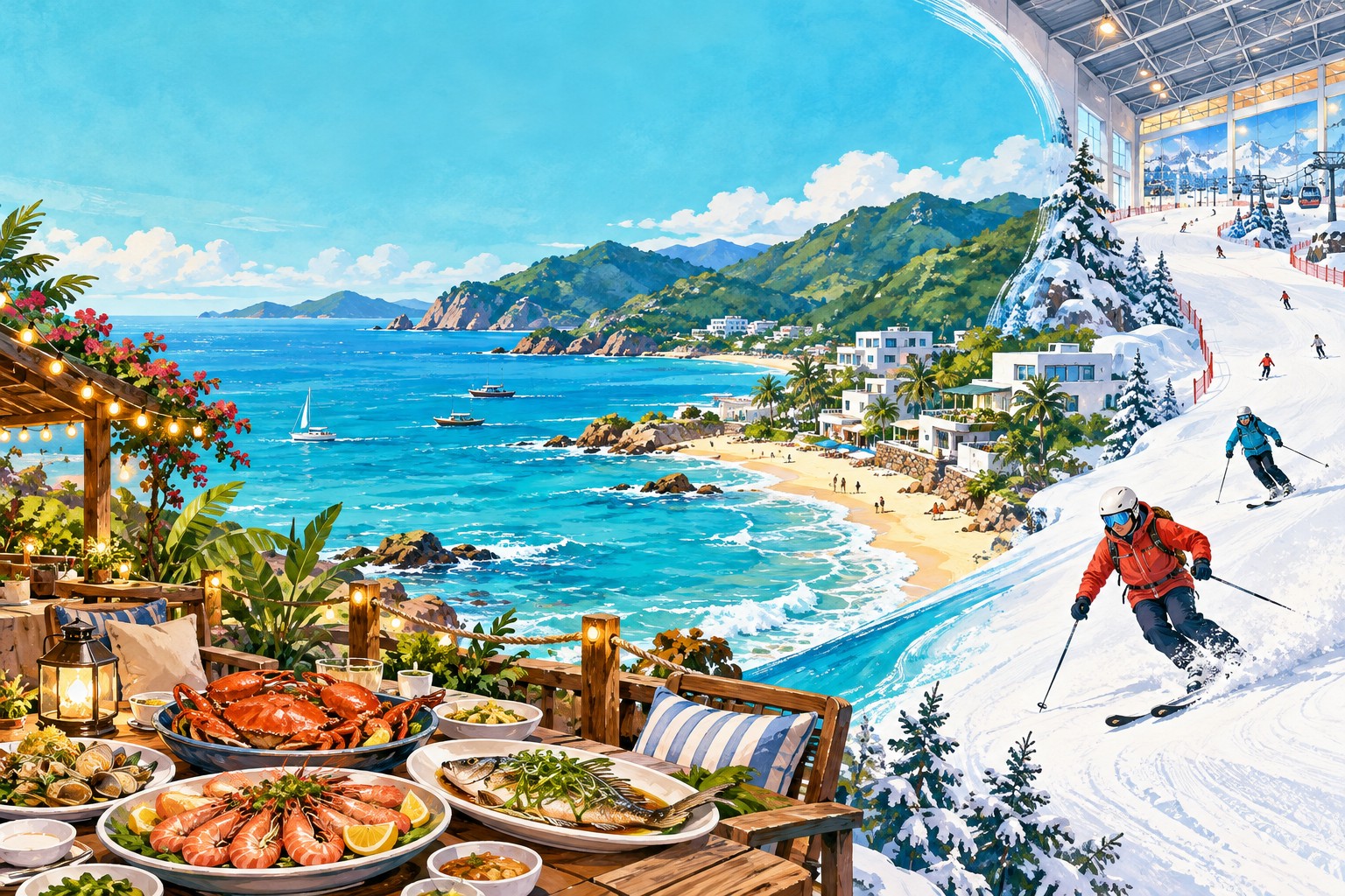 海边与滑雪主题插画